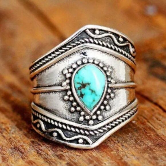 Irregular Band Ring Inlaid with Artificial Turquoise Bohemian Ring - Picture 6 of 6
